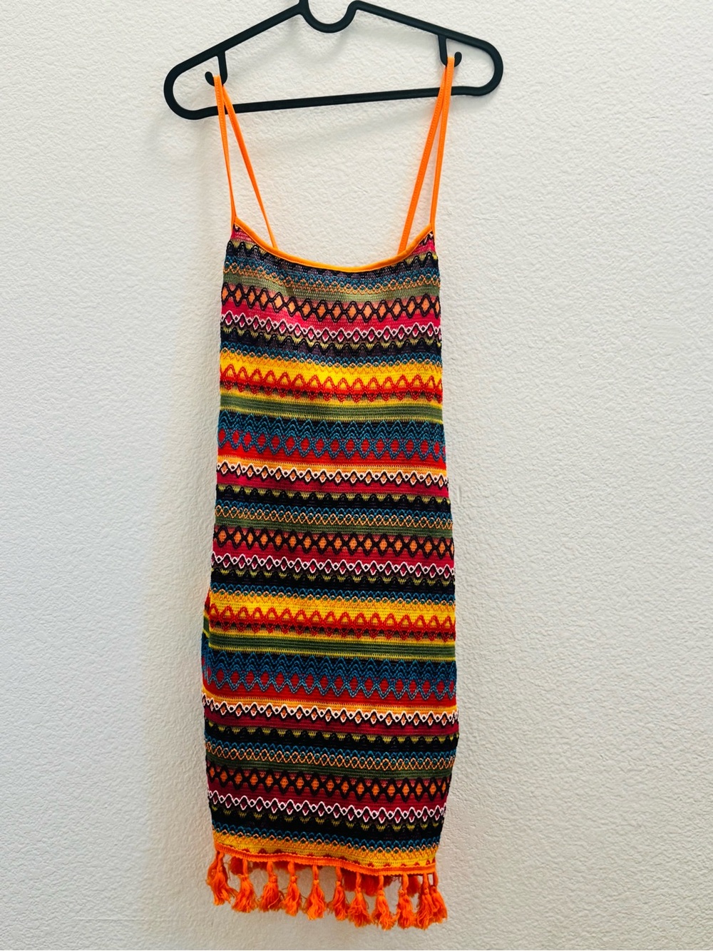 SHEIN Multi-Color Striped Knit Mini Dress with Orange Trim tassels